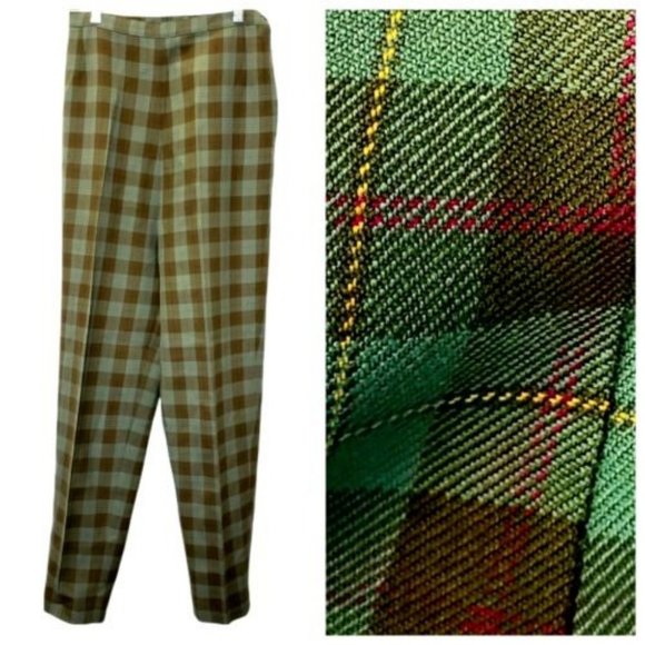 Vintage Pants - Vintage 50's/60's High Waist Cigarette Pants Tartan Green Plaid Tapered Trousers